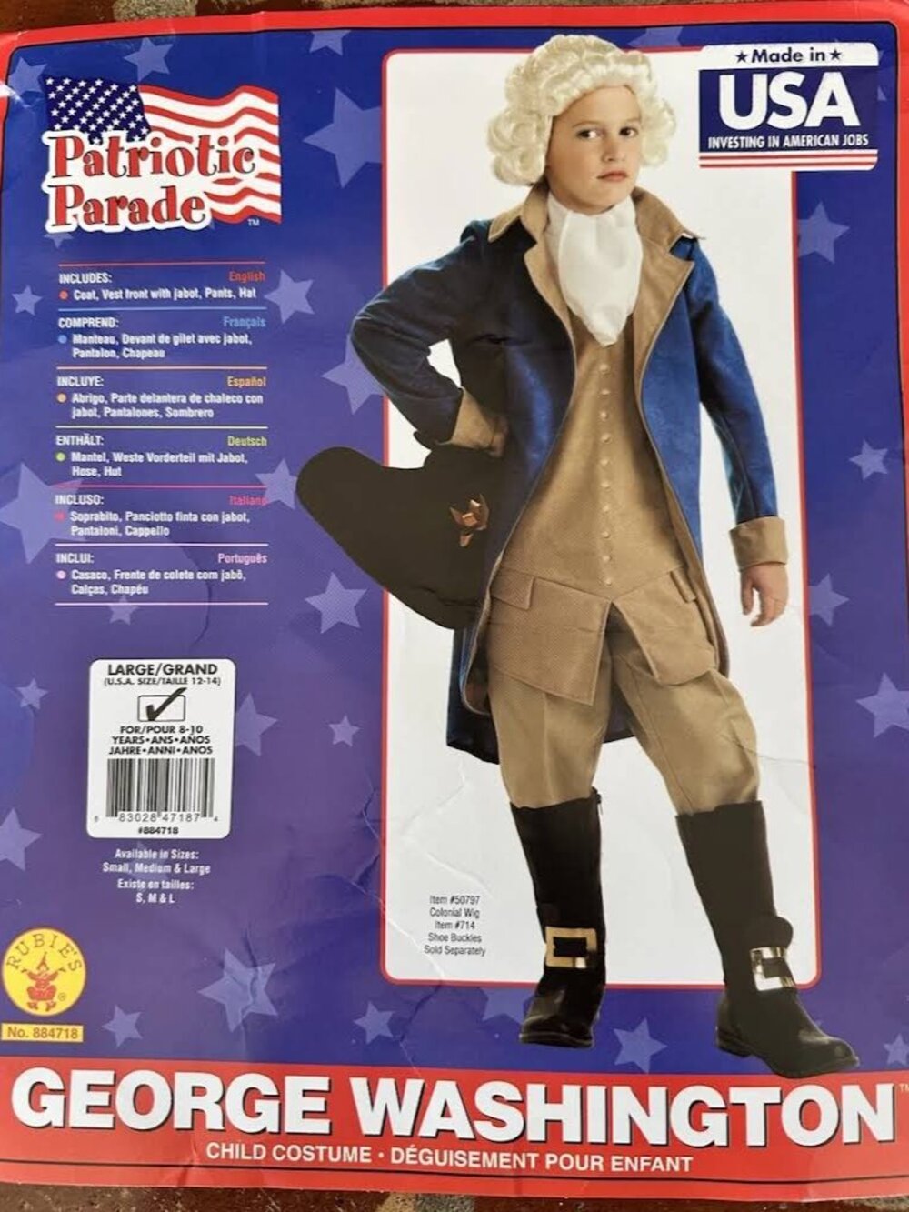RUBIE'S GEORGE WASHINGTON COLONIAL REVOLUTIONARY SOLDER COSTUME SIZE LARGE 12-14